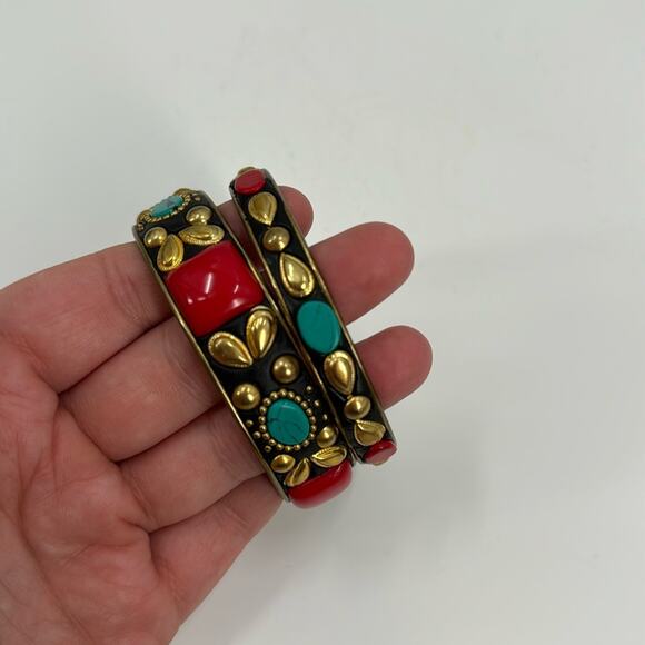 Vintage bohemian art deco jasper and turquoise inlay bangle bracelets - Picture 1 of 7